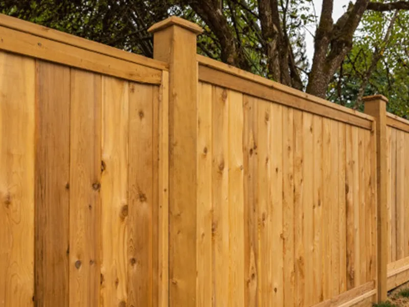 Timber fence with capped posts providing privacy and durability